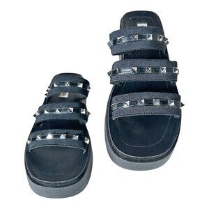 Steve Madden Platform Sandals Black Spike Studded Flats Size 11 Slip ON